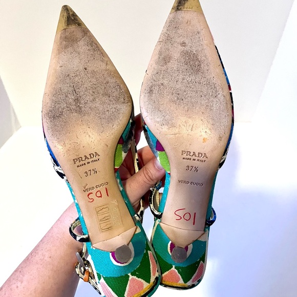 Prada Canvas Printed Slingback Kitten Heel Pumps - Picture 6 of 8